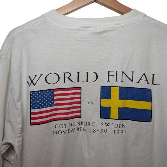 Vintage 90's Davis World final Sweden crew neck long sleeve White Cotton T shirt - Picture 4 of 8
